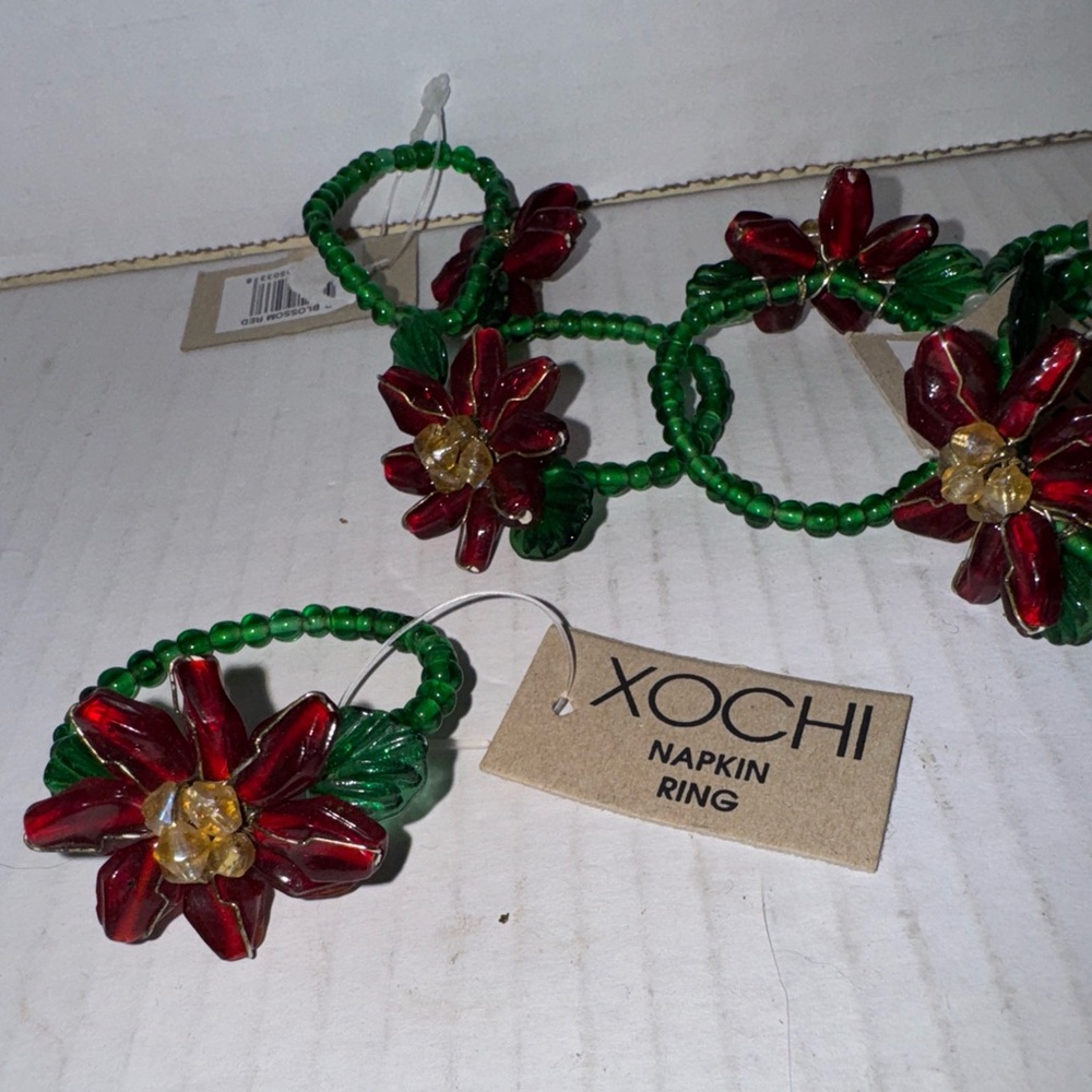 Set of 10 Napkin Rings XOCHI Hand Beaded  Flowers Tones